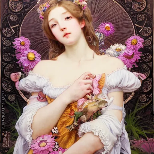 Image similar to a masterpiece ultrarealistic ultradetailed portrait of beautiful girl in bunny costume baroque renaissance. medium shot, intricate, elegant, by stanley artgerm lau, wlop, alphonse mucha, rossdraws, andrei riabovitchev, yoshitaka amano. flower background my james jeand and takashi murakami.