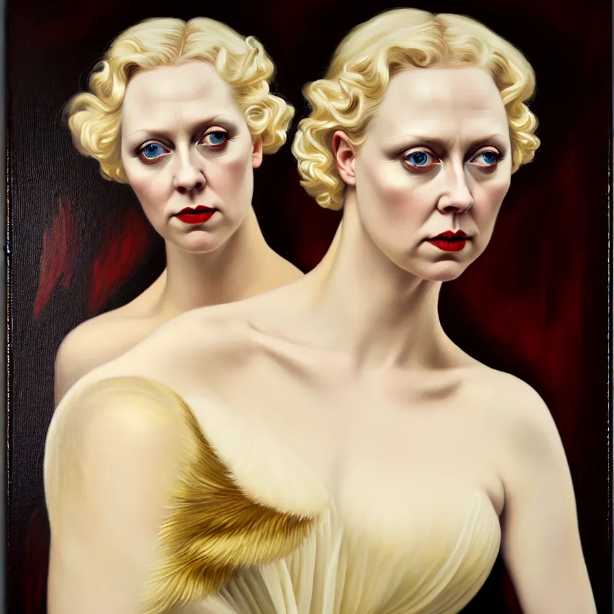 Image similar to exquisite oil painting on canvas of gwendoline christie portraying lucifer, woman's portrait, gorgeous face, goldilocks, porcelain looking skin, intense gaze golden eyes, unique and intricate painting, stunning ivory dress, elegant, majestic, 4 k, ultra high quality, canon, hyperrealist, by annie leibovitz