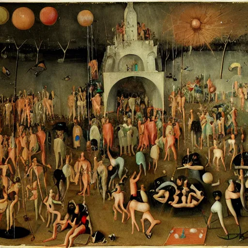 Image similar to a rave party painted by bosch.