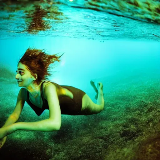 Image similar to girl with bioluminescent skin swimming underwater