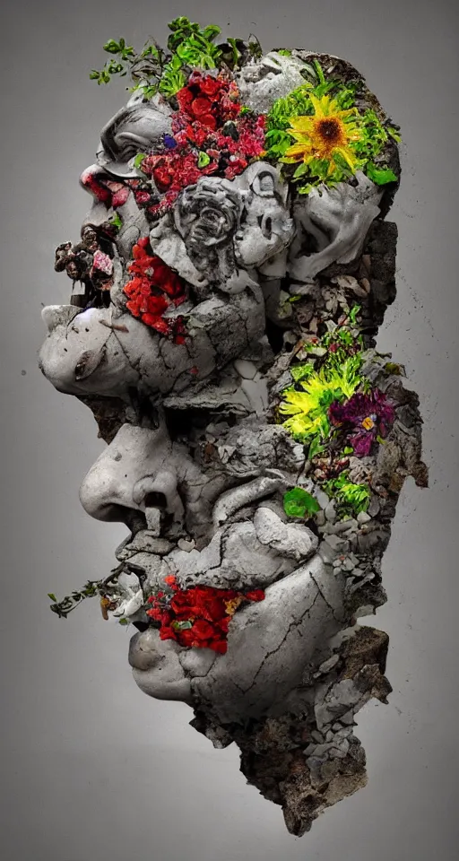 Prompt: the broken face of psychosis with destructive rage, made of stone and wood, is vomiting multicolored herbs and flowers, conceptual surreal magic realis conceptual art,