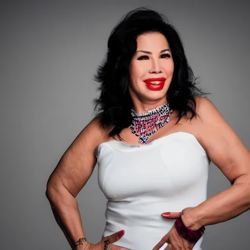 Image similar to dslr photo portrait still of 5 1 year old age 5 1 selena quintanilla at age 5 1!!!, 8 5 mm f 1. 8, studio lighting, vogue