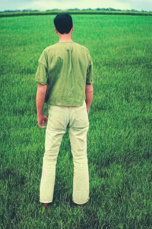 Prompt: kodak ultramax 4 0 0 photograph of a guy standing in a green field, back view, grain, faded effect, vintage aesthetic, cel shading, toon shading