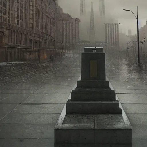 Image similar to a highly detailed epic cinematic concept art CG render digital painting artwork: rain melts concrete socialist monument. Soviet, gloomy, dystopian, night. By Greg Rutkowski, Ilya Kuvshinov, WLOP, Stanley Artgerm Lau, Ruan Jia and Fenghua Zhong, trending on ArtStation, made in Maya, Blender and Photoshop, octane render, excellent composition, cinematic atmosphere, dynamic dramatic cinematic lighting, aesthetic, very inspirational, arthouse