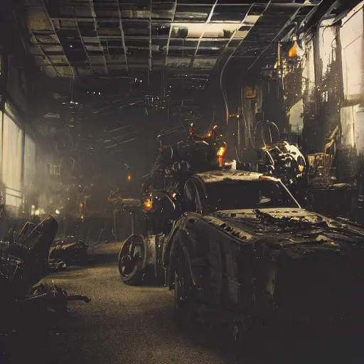 Image similar to mecha made from kitchen utensils, dark messy smoke - filled cluttered workshop, dark, dramatic lighting, orange tint, cinematic, highly detailed, sci - fi, futuristic, movie still from blade runner