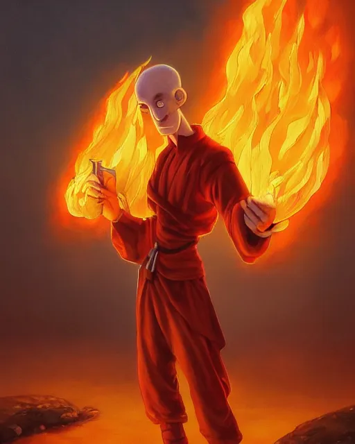 Prompt: [ squidward ] wearing fire nation clothing and practicing firebending outside at susnset, oil painting, highly [ detailed ], intricate, hd, photorealistic, by [ moebius ] and greg rutkowski and thomas kinkade, trending on artstation, trending on cgsociety, realistic shading and lighting, big nose