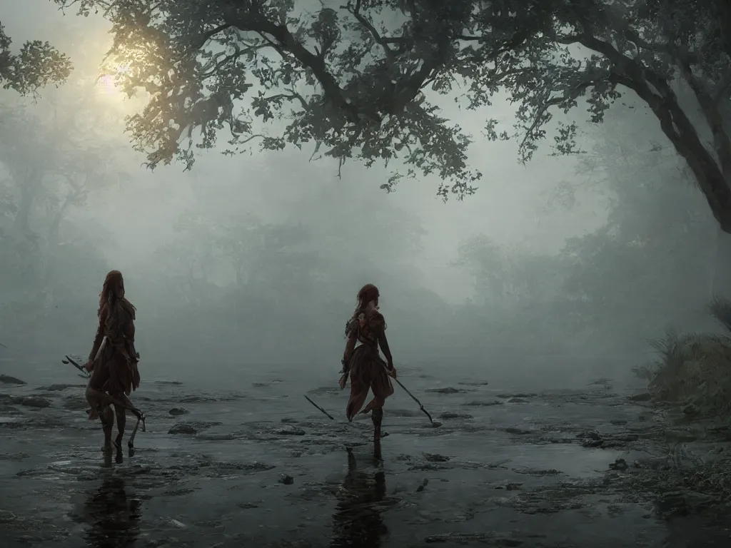 Image similar to hunter woman walking across foggy river, unreal engine 5, art by artgerm and greg rutkowski and alphonse mucha, global illumination, detailed and intricate environment, hyperrealistic, volumetric lighting, epic cinematic shot, perfectly defined features, ambient occlusion