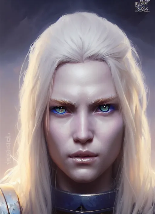 Image similar to a fantasy style portrait painting of shy white female paladin scar wound left eye with blonde hair and blue eyes, holy oil painting unreal 5 daz. rpg portrait extremely detailed artgerm greg rutkowski _ greg