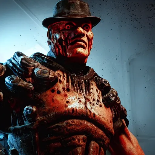 Prompt: freddy kruger in gears of war, splash art, movie still, detailed face, photorealistic facial features, cinematic lighting, dramatic, octane render, long lens, shallow depth of field, bokeh, anamorphic lens flare, 8 k, hyper detailed, 3 5 mm film grain