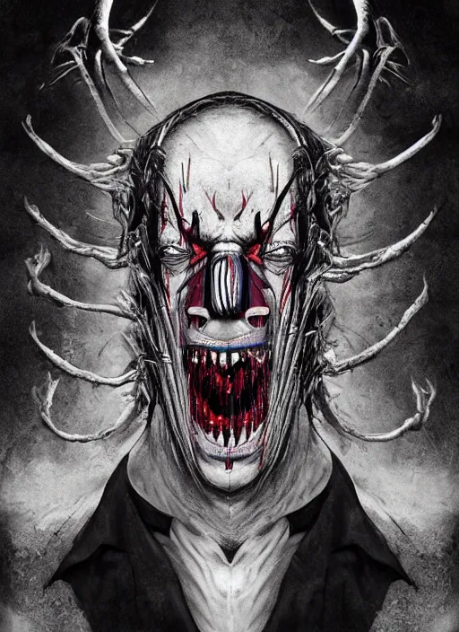 Prompt: a dream portrait of a demon in a clown suit standing in a field, black & white, melting, webbing, 8 k, by tristan eaton, stanley artgerm, tom bagshaw, greg rutkowski, carne griffiths, ayami kojima, beksinski, giger, trending on deviantart, face enhance, hyper detailed, minimalist, horror, alien