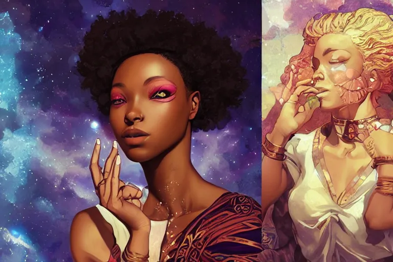 Prompt: black girl magic, powers and incantations in front of nebulae bursting, crisp digital painting by artgerm, by mucha by caravaggio and face by wlop