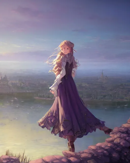 Image similar to over the shoulder landscape painting of violet evergarden, behind her is a distant old european city leiden from violet evergarden next to the reflecting ocean, ocean, sunshine, by Philipp A. Urlich and Pengzhen Zhang and Andreas Rocha, fantasy, intricate, elegant, highly detailed, digital painting, artstation, blender, unreal engine 5, octane render, smooth, sharp focus, illustration