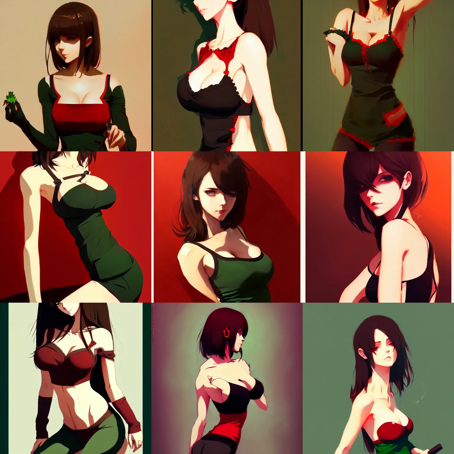 Prompt: gorgeous woman with brown hair and green eyes, wearing a camisole, perfect body, red and black color palette, in the style of and ilya kuvshinov and greg rutkowski, high quality anime artstyle, intricate