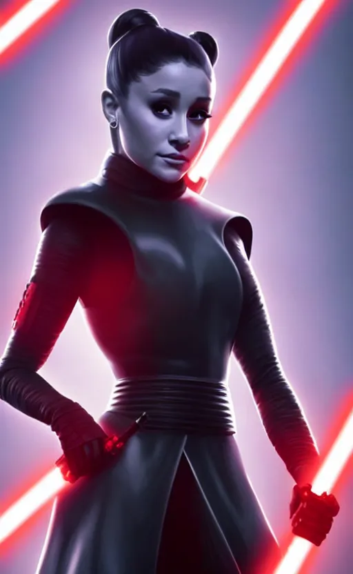 Image similar to Ariana Grande as an evil Sith lord trained by Darth Vader and preparing for a lightsaber duel Star Wars, artstation, Octane Render, 8K resolution, photo realism character art by Artgerm