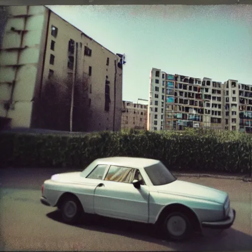 Image similar to low angle shot of russian car in soviet yard with block of flats, low grain film,polaroid, masterpiece, f 1.6, bokeh, mid day in style of william egglestone