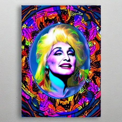 Prompt: psychedelic floral poster with Dolly Parton’s face