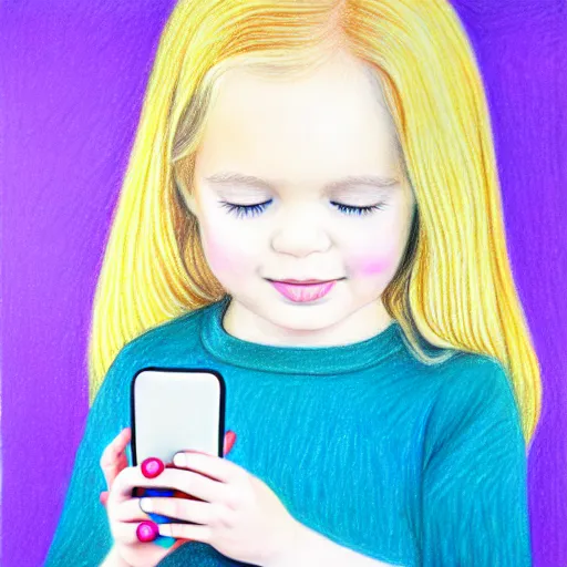 Image similar to 3 year old blonde girl with iphone, colored pencil on white background by eloise wilkin