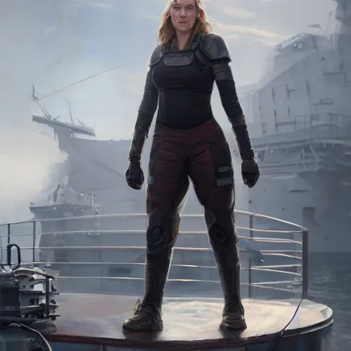 Prompt: a heroic portrait of young Kate Winslet mechanic with one prosthetic metallic gauntlet standing on a ship deck by Greg Rutkowski, ultra realistic, Sung Choi, photorealistic 8k, cinematic lighting, HD, high detail, atmospheric, trending on artstation