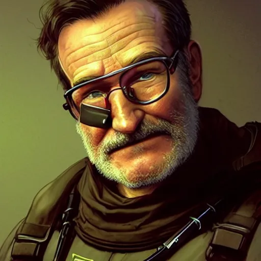 Image similar to robin williams as the gordon freeman from half life, unreal engine, sci fi, intricate, elegant, highly detailed, digital painting, artstation, concept art, matte, sharp focus, illustration, art by john collier and albert aublet and krenz cushart and artem demura and alphonse mucha