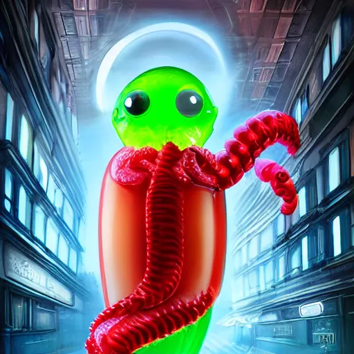 Prompt: a futuristic robotic gummi worm. dramatic product lighting. it's a gummi with extra juiciness. but it's also a worm. ick. in a magical side alley, the worm is sold out of a trendy food truck. digital art, sci - fi, fantasy, fairytale, imax, 4 k.