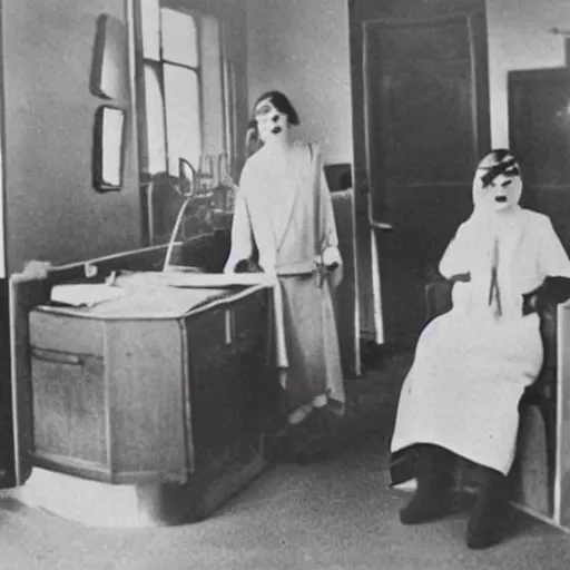 Prompt: 1920s picture of 2 aliens in a clinic, ultra-hd.