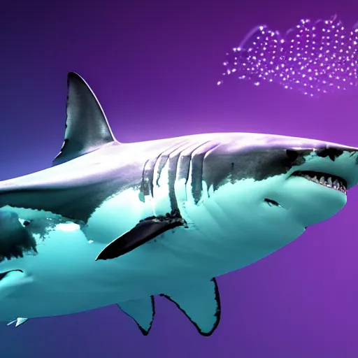 Image similar to a great white shark with purple lasers projecting out of its eyes. highly detailed, 4 k