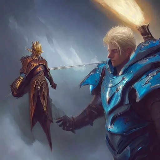 Prompt: Blonde knight wearing blue armor on a dragon, by greg rutkowski and thomas kinkade, Trending on artstation.