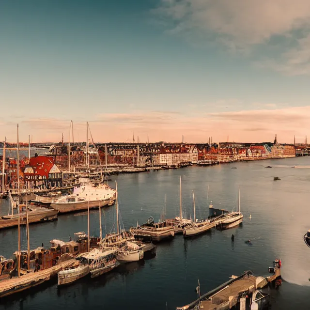 Image similar to copenhagen denmark with new england colonial buildings on a harbor, pink ice cream mountain in the distance, cinematic, volumetric, realistic, cinematic lighting, ray tracing, unreal engine 5, octane render, hyper realistic, photo, 8 k