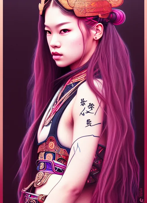 Image similar to jossi of blackpink, samurai, tarot card, highly detailed, digital painting, smooth, sharp focus, illustration, ultra realistic, 8 k, art by artgerm and alphonse mucha