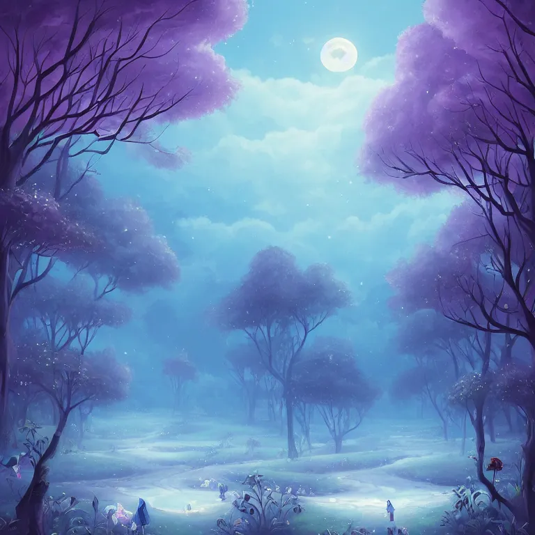 Prompt: A beautiful ultra detailed matte painting Moonlight woods near the water puffy clouds in sky vivid colors, by Cyril Rolando, David Wiesner, unreal engine, featured on artstation