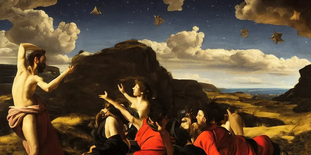 Prompt: beautiful oil matte portrait painting, people looking into the sky at the edge of a cliff watching the stars, wonderful masterpiece highly detailed, beautiful cinematic light deep focus, elegant, digital painting, smooth, sharp focus, golden ratio, dramatic illumination, ultra realistic, 8 k, art by artemisia lomi gentileschi and caravaggio