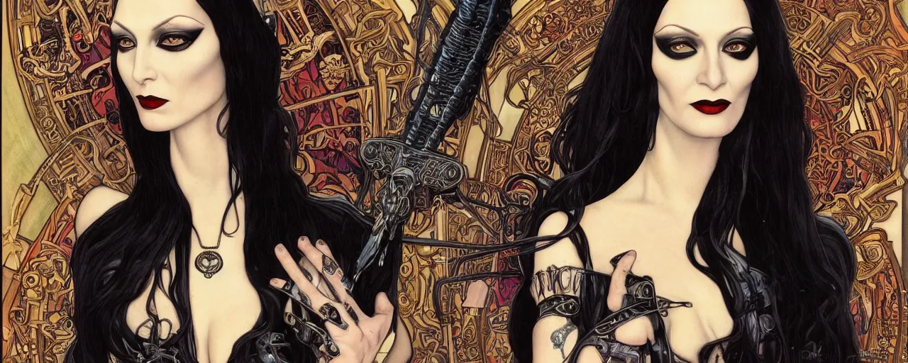 Image similar to beautiful enticing cyberpunk art nouveau style portrait of morticia addams as a gigerpunk rebel soldier by olivia de bernardinis, moebius, chris achilleos and alphonse mucha, photorealism, extremely hyperdetailed, perfect symmetrical facial features, perfect anatomy, ornate declotage, latex, weapon, high technical detail, confident expression, wry smile