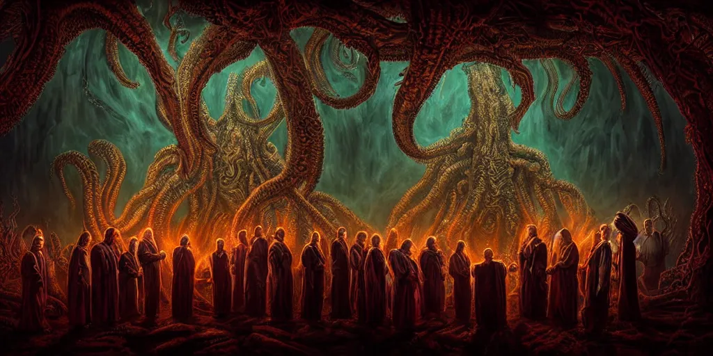 Image similar to portrait of circle group of priests invoking ritual in front of a giant lovecraft creature, intricate, glowing lights, highly detailed, sharp focus, wide - angle, atmospheric lighting, rich deep colors masterpiece, volumetric lighting, beautiful, rich deep colors masterpiece, sharp focus, ultra detailed by leesha hannigan, thierry doizon, kai carpenter