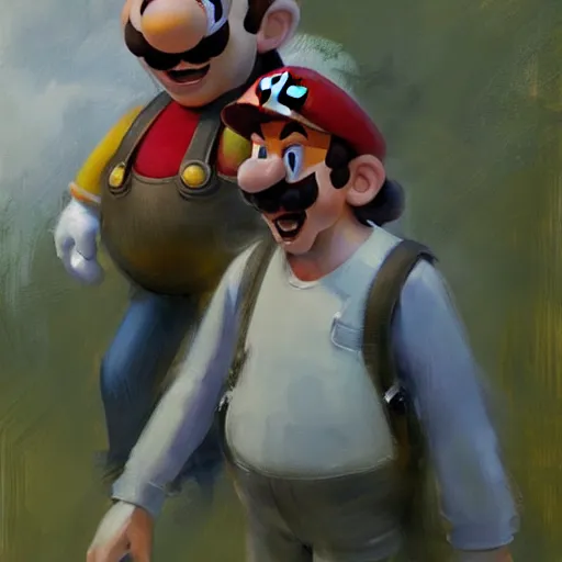 Prompt: a realistic portrait of mario and luigi in the style of daniel f. gerhartz