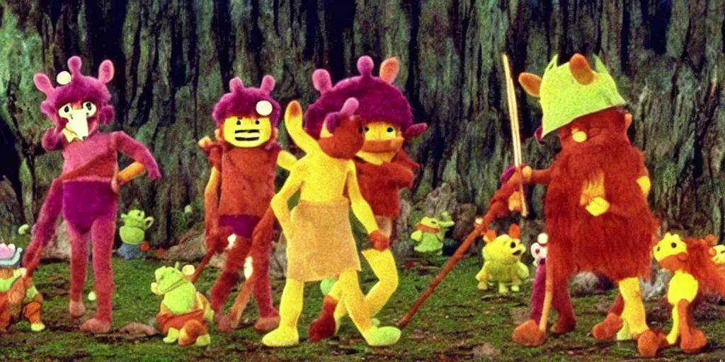 Image similar to a still from Princess Mononoke depicting the war between teletubbies and muppets