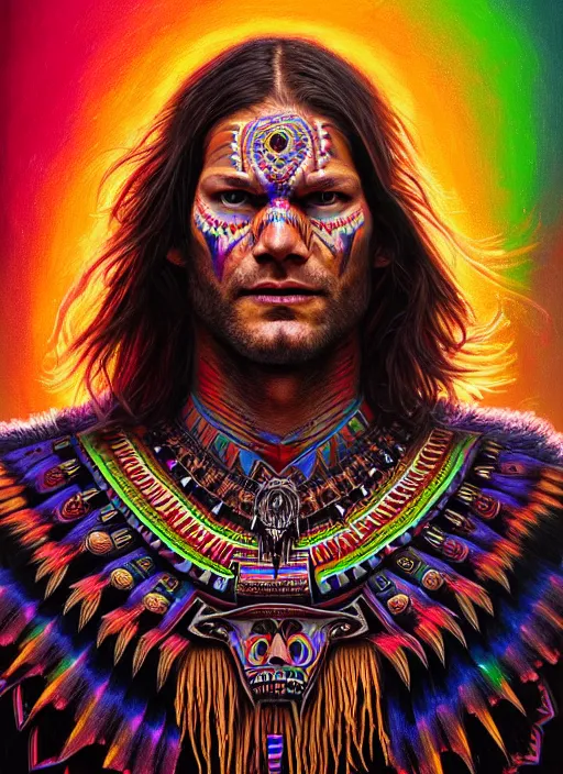 Image similar to portrait of jared padalecki, hyper detailed ultra sharp aztec shaman warrior. trending on artstation, warpaint aesthetic, bloodwave, colorful, psychedelic, ornate, intricate, digital painting, concept art, smooth, sharp focus, illustration, art by artgerm and greg rutkowski and h. r. giger, 8 k