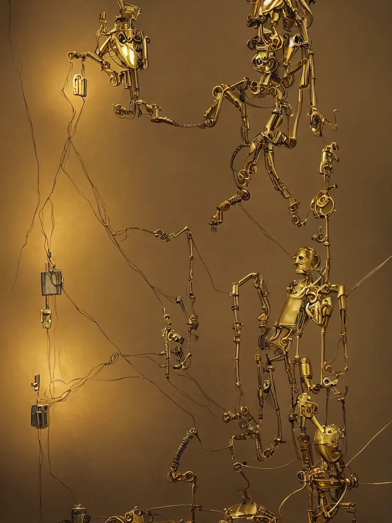 Prompt: mechanical clockwork man made of gold and hanging by wires in a dark room, created by peter mohrbacher, photorealistic, puppet, strings, 8 k