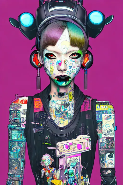 Image similar to full view, from a distance, of anthropomorphic trashcan who is cyberpunk girl, style of yoshii chie and hikari shimoda and martine johanna, highly detailed
