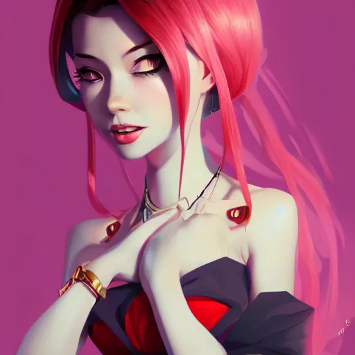 Image similar to Jinx lol, character art, illustration, elegant, 2d, ultra highly detailed, digital painting, smooth, sharp focus, artstation, pixiv, art by Ilya Kuvshinov