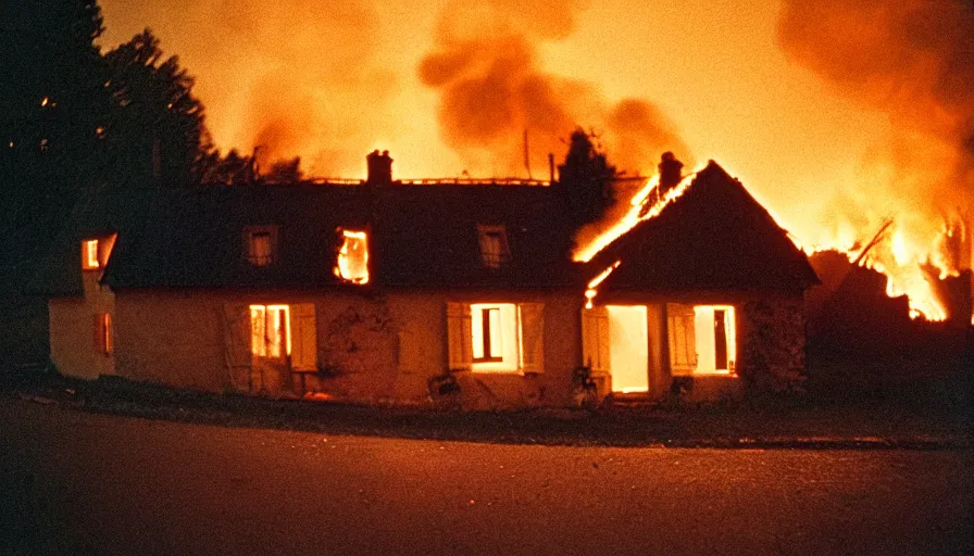 Image similar to 1 9 7 0 s movie still of a burning french style little house in a small northern french village by night in autumn, cinestill 8 0 0 t 3 5 mm, heavy grain, high quality, high detail, dramatic light, anamorphic, flares