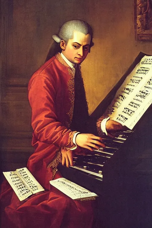 Prompt: a stunning renaissance painting of Wolfgang Amadeus Mozart playing a modular synthesizer, strong dramatic lighting, highly detailed, oil on canvas, HD, 4K