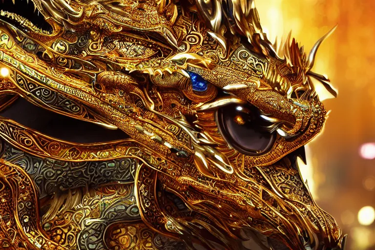 Prompt: cinematic closeup portrait of a gold and silver chinese dragon intricately decorated with colorful jewels, detailed textures, nighttime city lights, strong bokeh, dramatic lighting, unreal engine, cgsociety, artstation, 4k