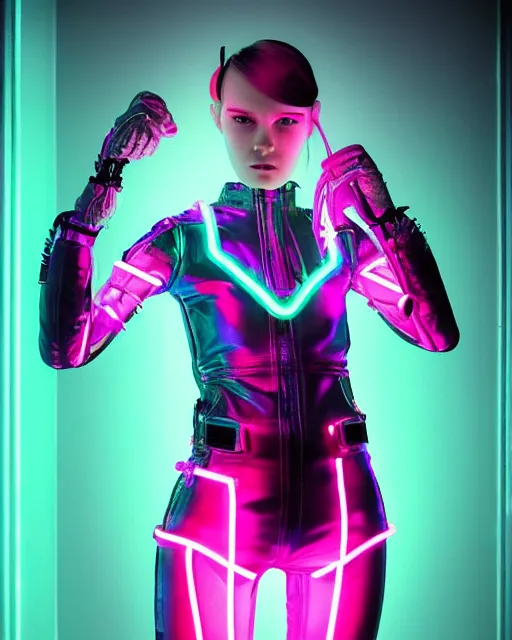 Image similar to full body shot of young punk woman dressed in futuristic cyberpunk clothing, colorful, night, soft neon light, bjork aesthetic, translucent, by rineke dijkstra and artgerm, intricate details, highly detailed, masterpiece, 8 5 mm