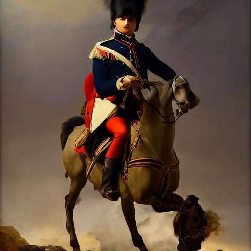 Image similar to Napoleon Bonaparte on his new electric scooter by Jeremy Lipkin and Giuseppe Dangelico Pino, oil on canvas, epic pose, cinematic, poster, 8k