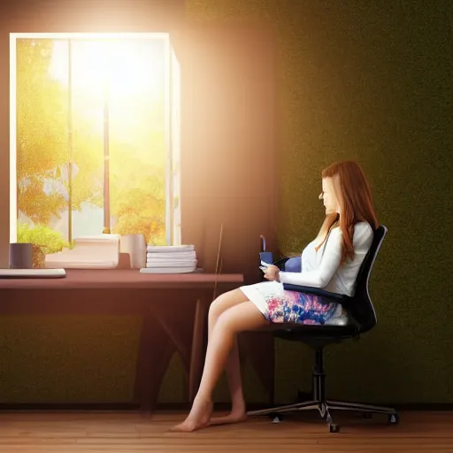 Image similar to peaceful dreamy painting of a young woman sitting at a desk with a black cat, sunshine coming through the window, small plants on the window sill, 4k resolution, highly detailed