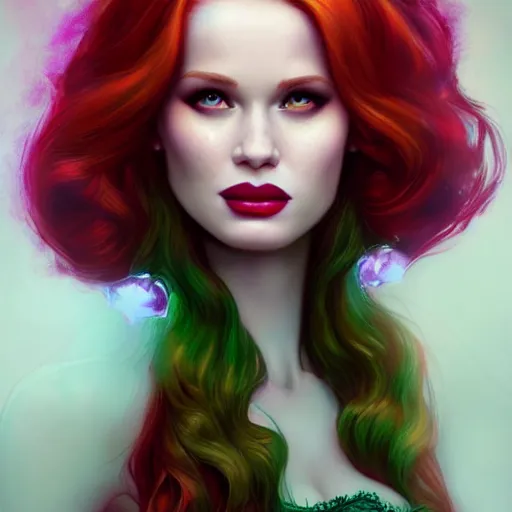Prompt: beautiful Madelaine Petsch poison ivy DC comics, evil smile, realistic character concept, medium shot, fun pose, comic book, illustration, slender symmetrical face and body, artstation, cinematic lighting, hyperdetailed, high resolution, Charlie Bowater, Tom Bagshaw, single face, insanely detailed and intricate, beautiful
