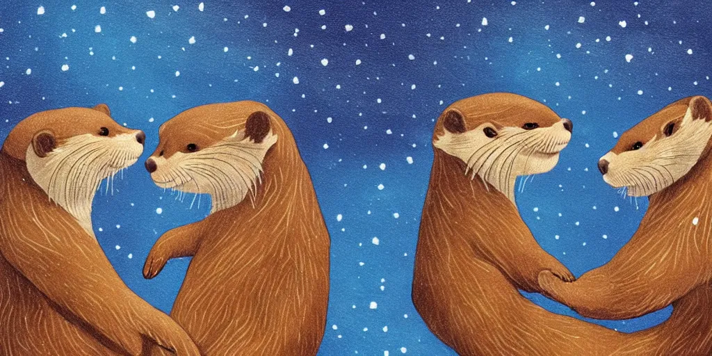 Prompt: A pair of adorable otters falling in love holding hands side by side, all alone in the middle of a huge storm at sea, fantasy illustration, cinematic, dreamlike, Award winning, romance, detailed trending on art station masterpiece