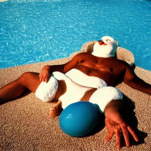 Image similar to Snowman sunbathing at pool, 1987 kodak photograph