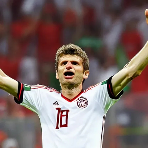 Prompt: ''thomas muller scoring a goal in the soccer world cup. He celebrates drinking a big glass of beer, photograph, Medium close-up shot
