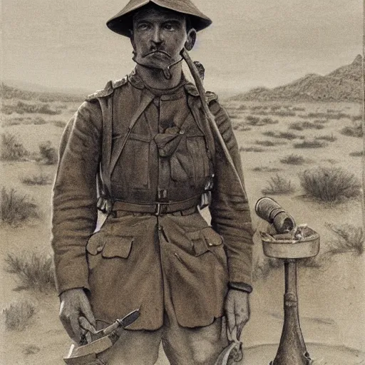 Image similar to a detailed photorealistic sepia - toned color portrait painting of a 1 9 1 7 worried clean - shaven british lieutenant in field gear wearing a pith helmet in wadi rum examining an ancient cylindrical clay jar, ultra realistic, intricate details, atmospheric, dark, horror, brooding, highly detailed, by clyde caldwell